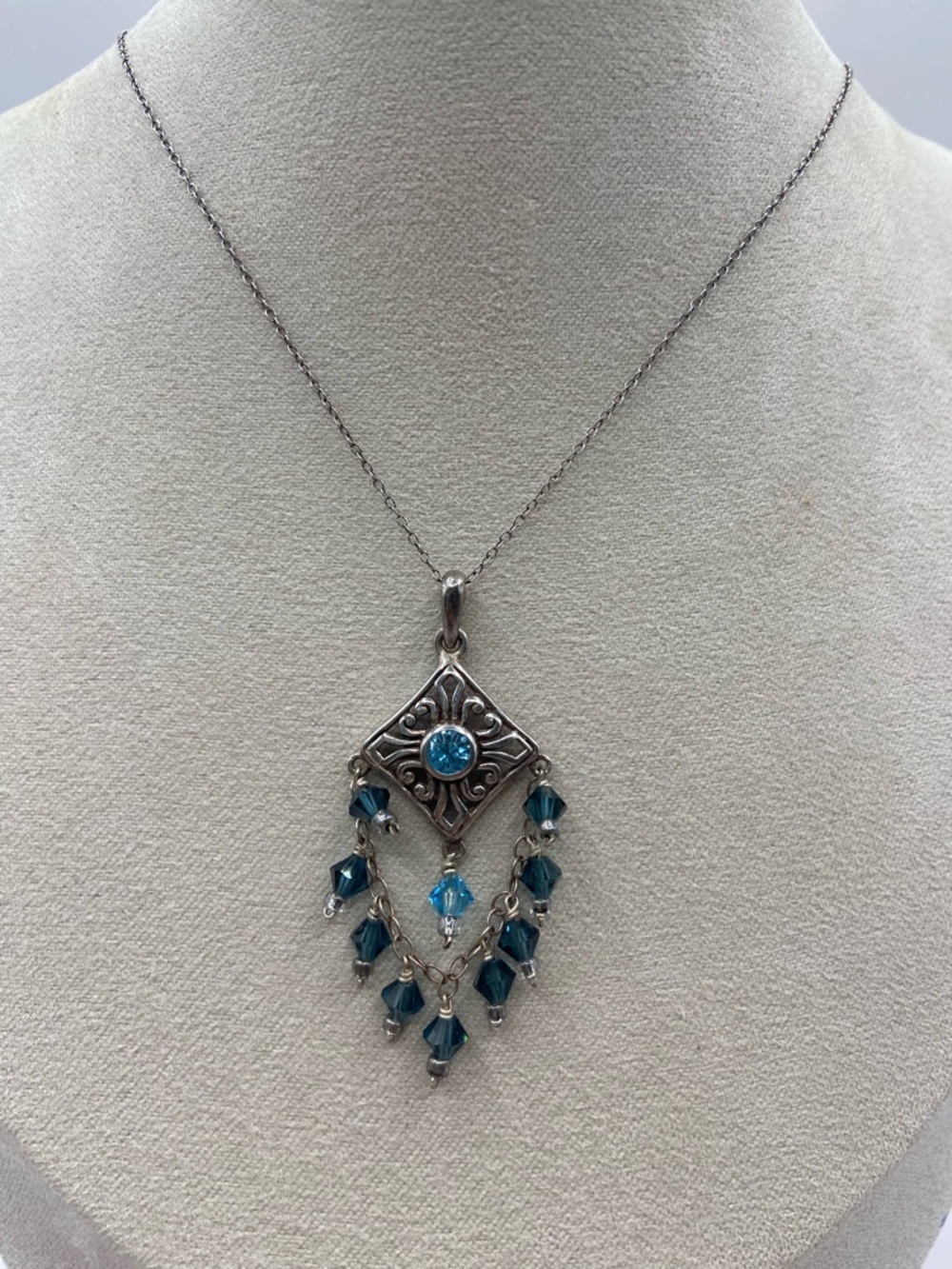 Vintage Sterling Silver Artisan Swarovski Blue Crystal Chandelier Necklace 18”L